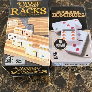 Cardinal Double Six Dominoes with Colorful Dots and Wooden Racks